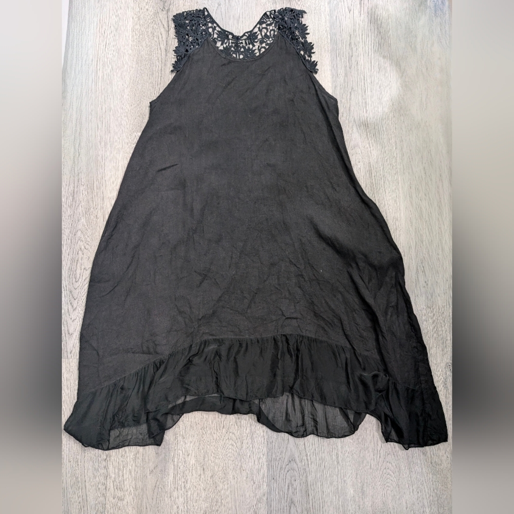 Black Linen Blend Lagenlook Midi Dress XL XXL Lace Pockets